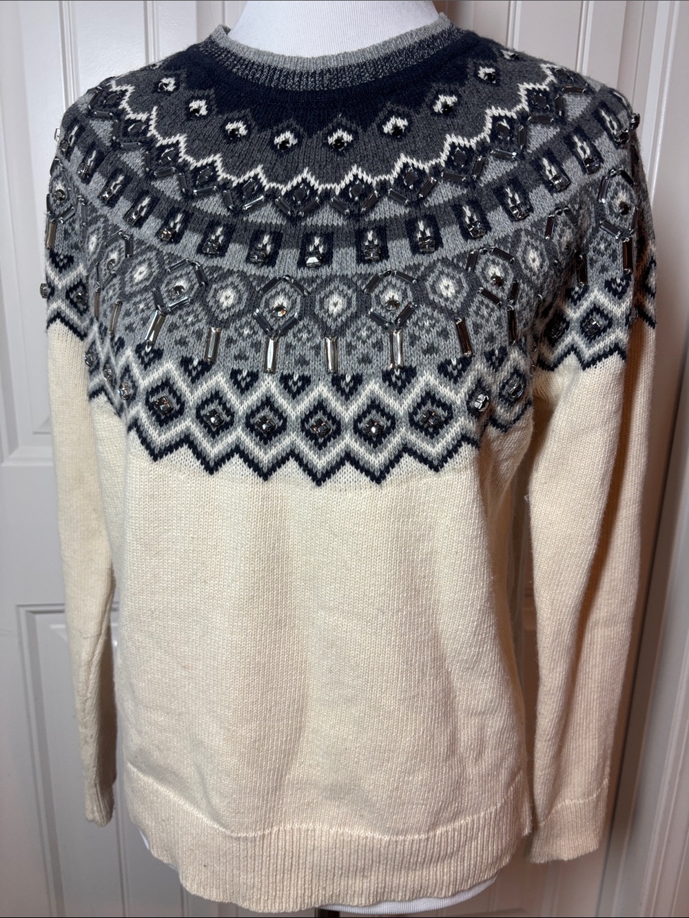 ⁠Ann Taylor Jeweled Fair Isle Yoke Sweater Cream Gray Crystal Gem Size L